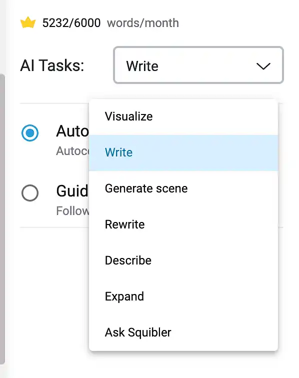 Screenshot of the different modes you can use the smart writer in (write, generate scene, rewrite, describe, expand, ask squibler)