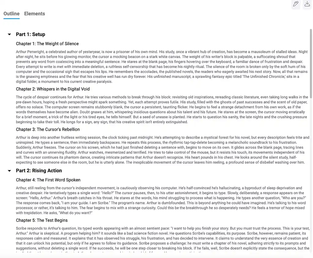 A screenshot of the first few chapters outlined by Squibler on white background.