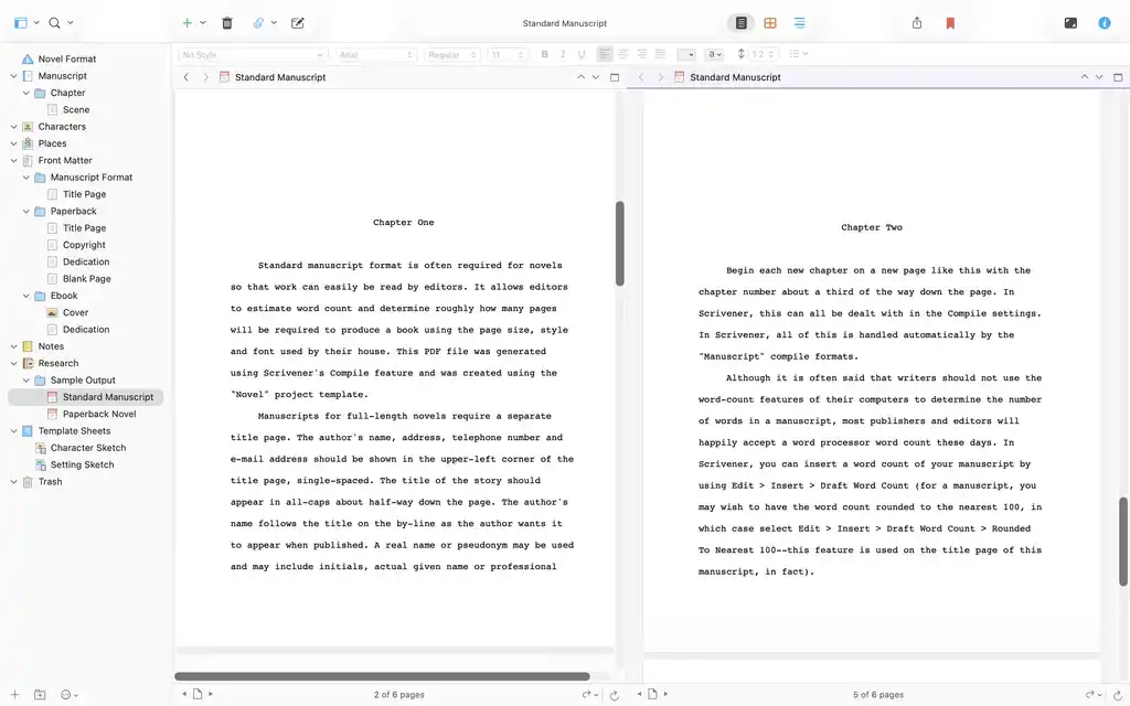 Scrivener Editor split screen