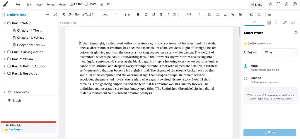Squibler editor, with the word processor in the middle, chapter navigation on the left, and the smart writer features on the right. Text formatting options and other navigation buttons on the top.