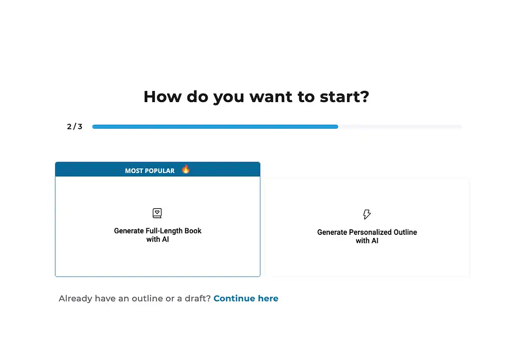A screenshot where Squibler asks new users to select whether to generate an outline or a full-length manuscript