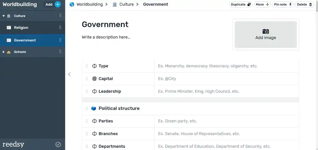 Reedsy Studio's government worldbuilding template